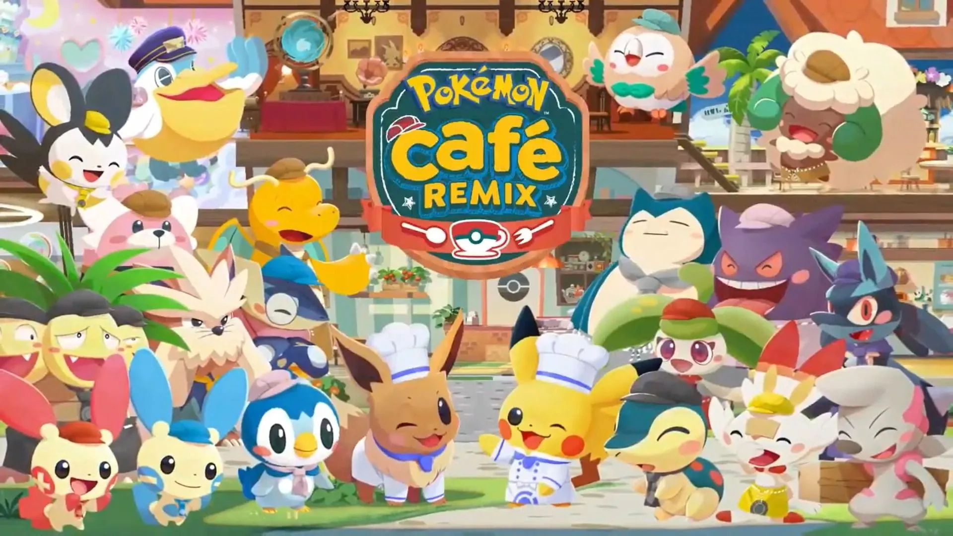 Ảnh bìa game Pokémon Café ReMix với các Pokémon phục vụ khách hàng