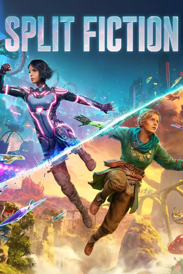 Ảnh bìa game Split Fiction, một tựa game hành động phiêu lưu dành cho 2 người chơi.