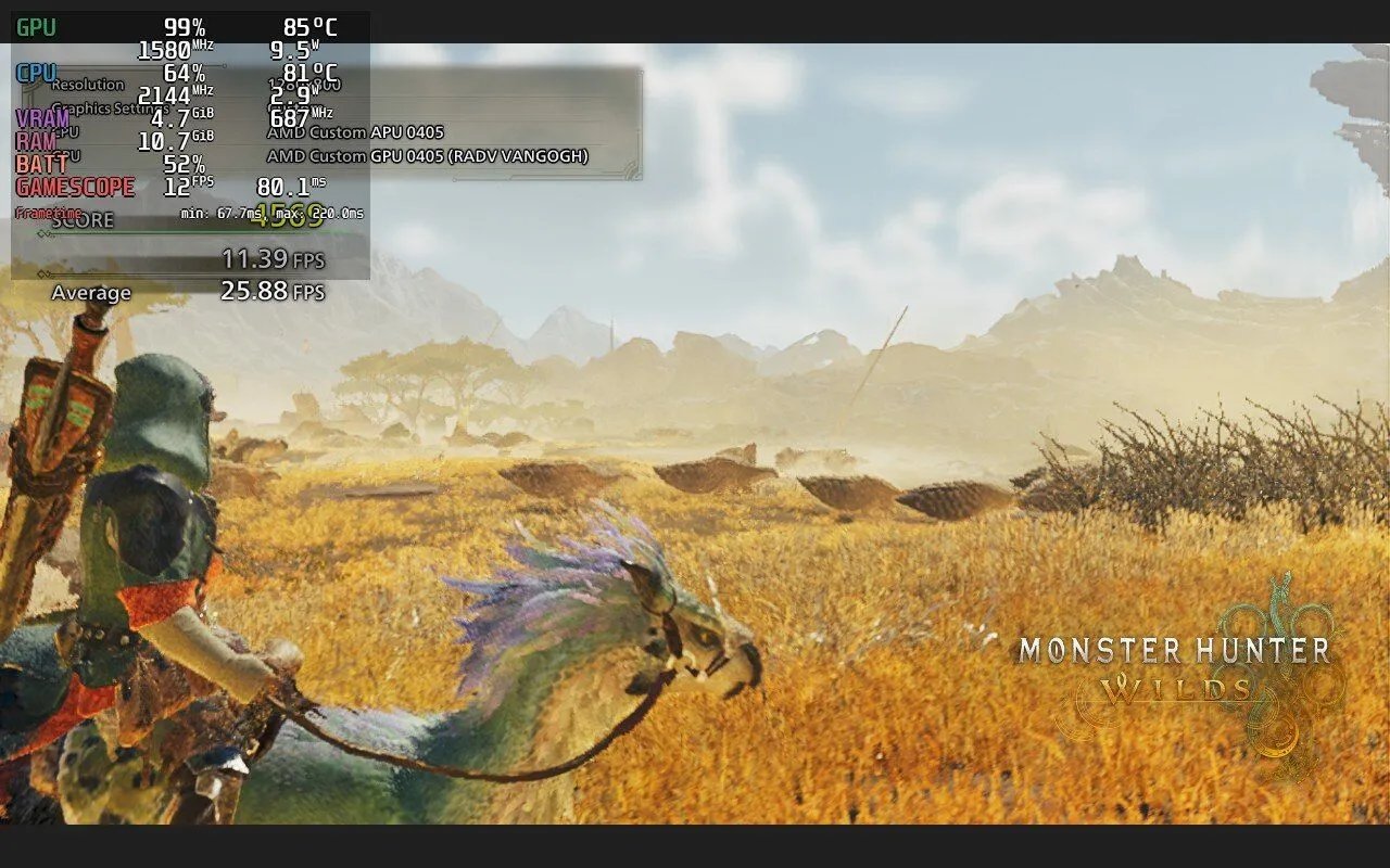 Ảnh chụp màn hình benchmark Monster Hunter Wilds trên Steam Deck tại khu vực rừng, cho thấy đồ họa và khung hình thấp.