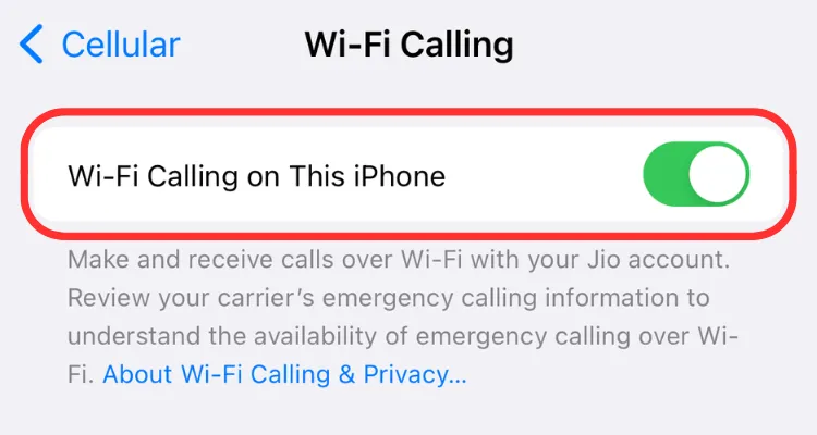 Ảnh chụp màn hình cài đặt bật tắt tính năng Gọi điện qua Wi-Fi trên điện thoại iPhone, giúp cải thiện cuộc gọi khi sóng yếu.