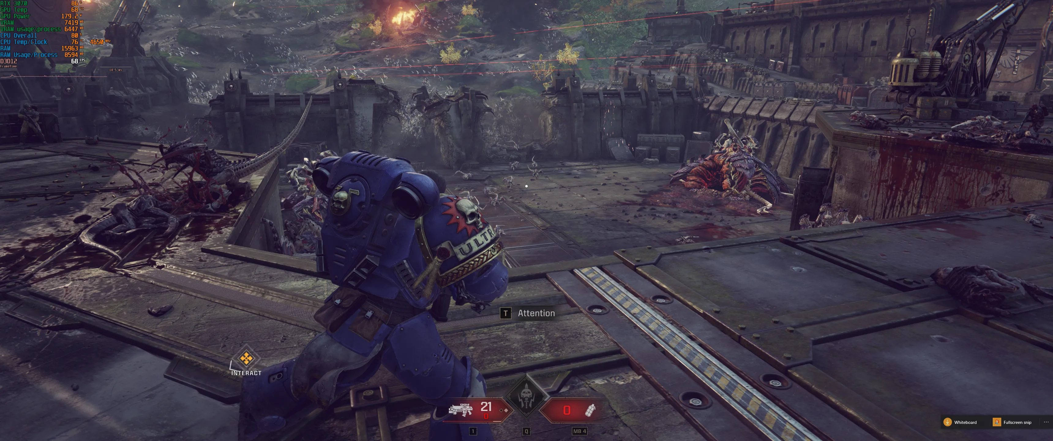 Ảnh chụp màn hình chỉ số sử dụng CPU và GPU trong game Warhammer 40K Space Marine 2, với GPU chỉ 86% và CPU 80%, minh họa tình trạng CPU bottleneck nghiêm trọng
