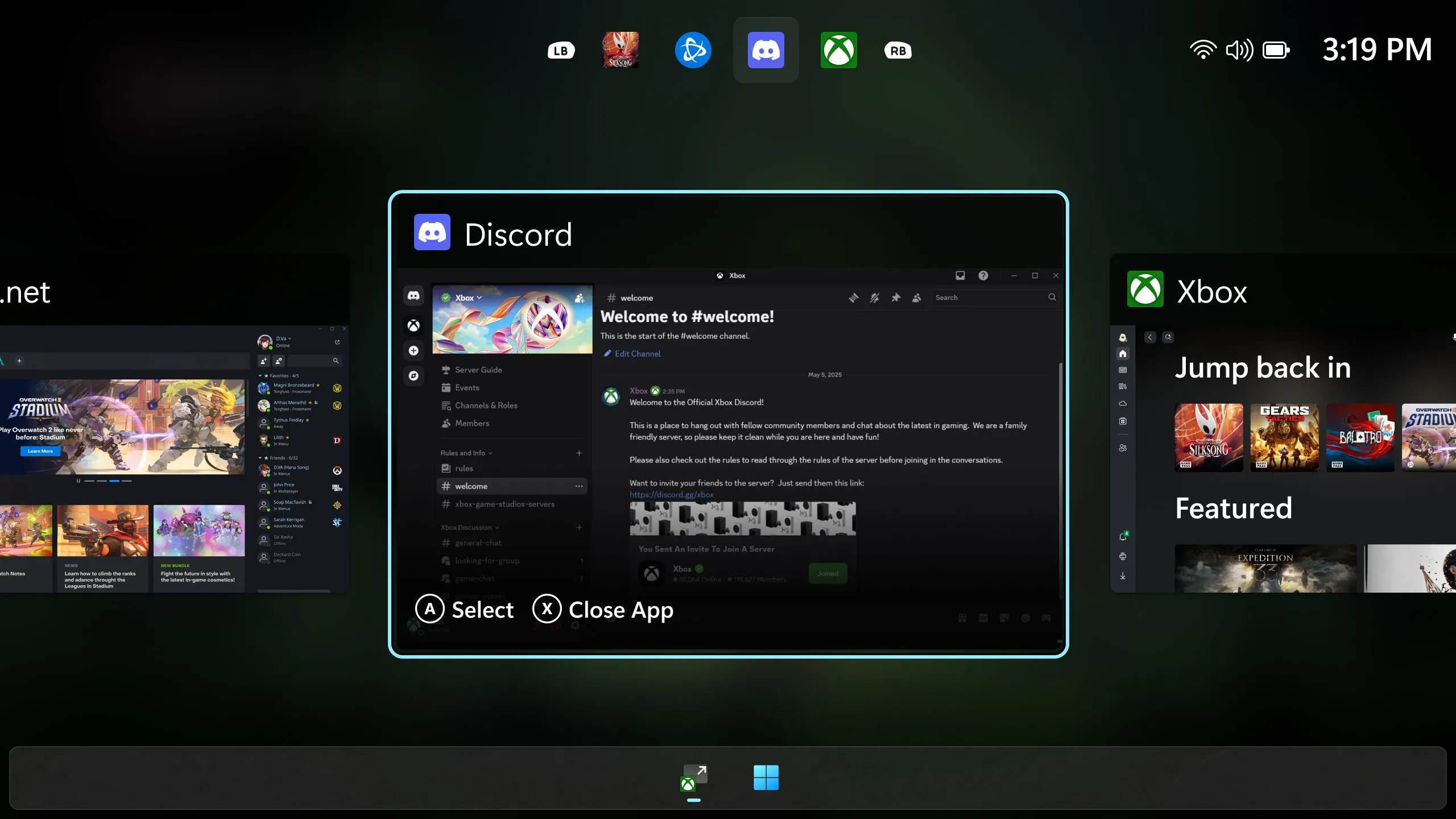 Ảnh chụp màn hình giao diện chuyển đổi tác vụ thân thiện với tay cầm trên Windows, hiển thị các ứng dụng đang chạy