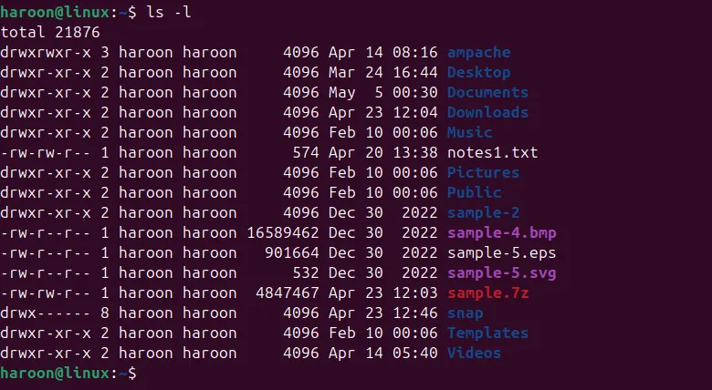 Ảnh chụp màn hình Terminal Linux hiển thị danh sách các tệp tin và thư mục cùng thông tin chi tiết bằng lệnh ls -l.