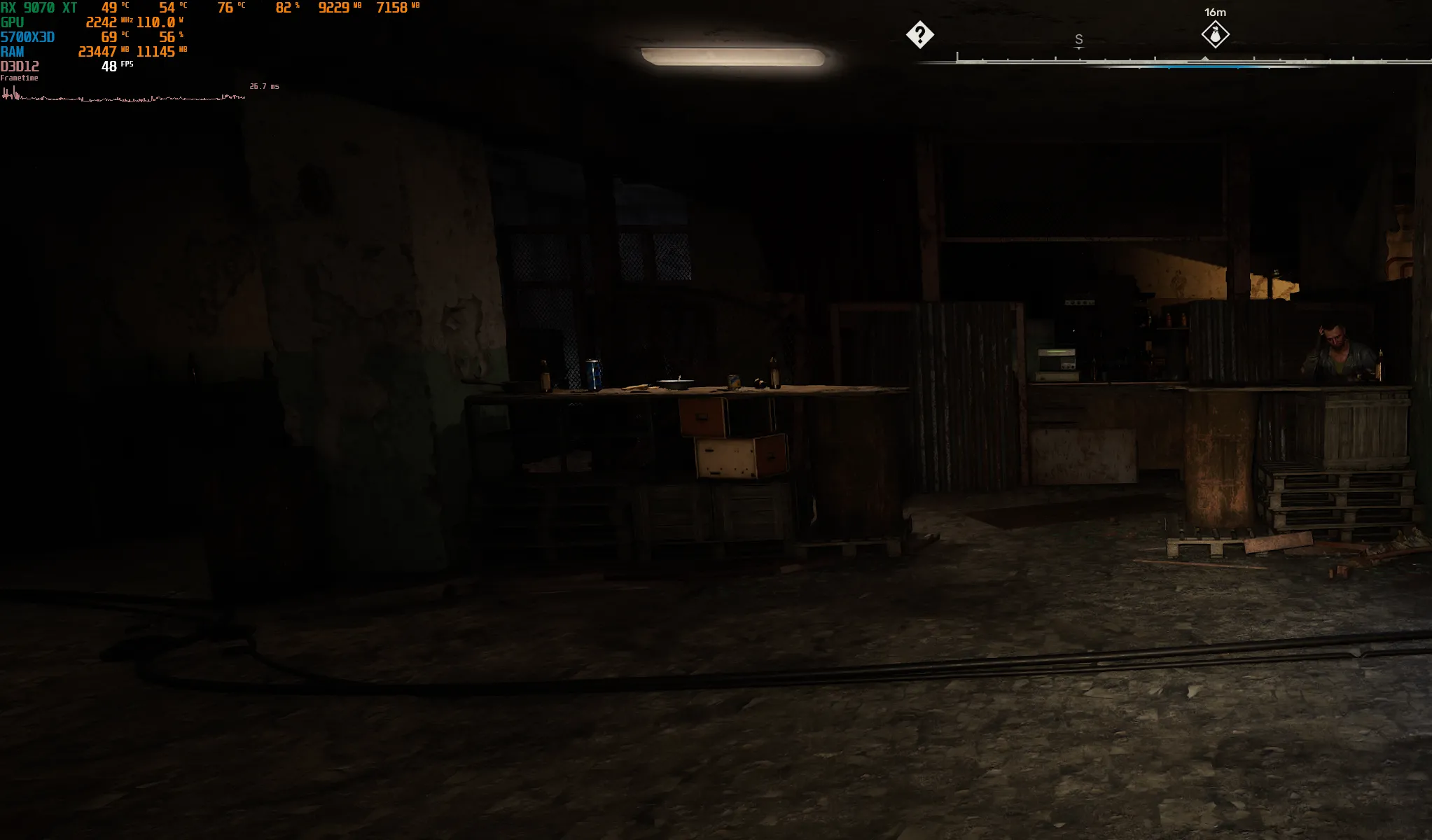 Ảnh chụp màn hình thể hiện hiệu năng trong game S.T.A.L.K.E.R. 2 tại một khu định cư, cho thấy tình trạng CPU bottleneck nghiêm trọng ảnh hưởng đến FPS và độ ổn định