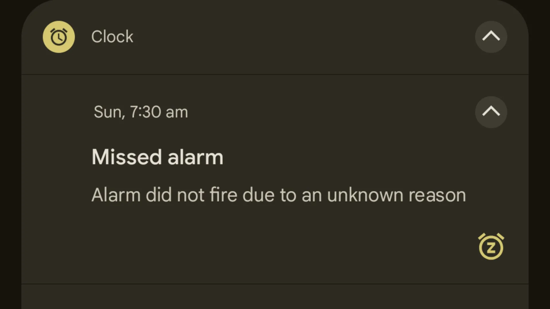 Ảnh chụp màn hình thông báo lỗi báo thức "Missed alarm" trên điện thoại Pixel 9 từ Reddit
