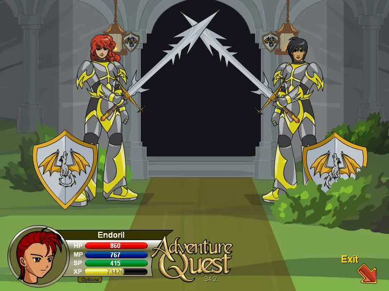Ảnh chụp màn hình từ phiên bản gốc năm 2002 của game nhập vai trực tuyến AdventureQuest với đồ họa Flash đặc trưng.