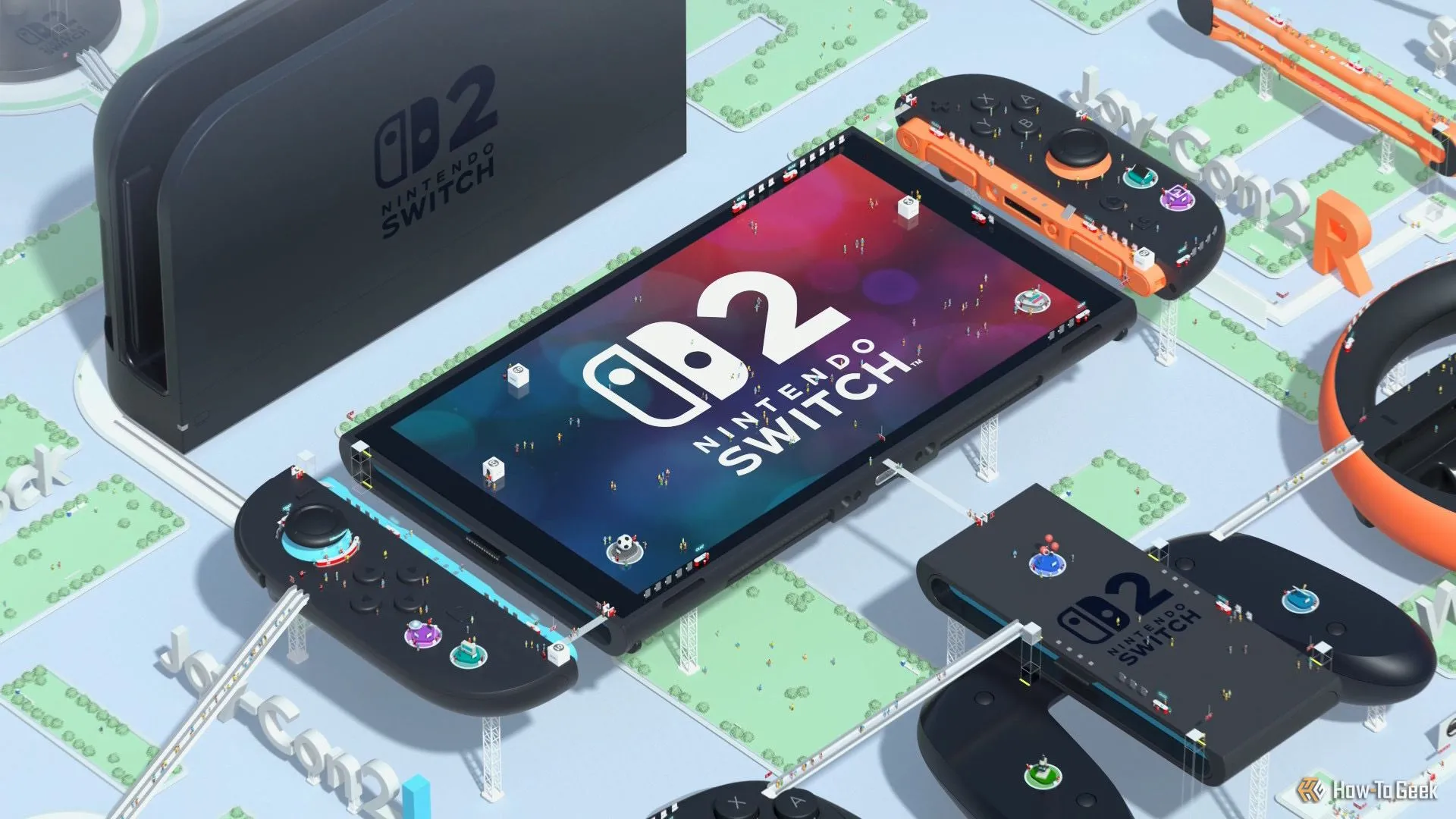 Ảnh minh họa giao diện Nintendo Switch 2 cùng dock và phụ kiện, hiển thị ứng dụng Nintendo Switch Welcome Tour