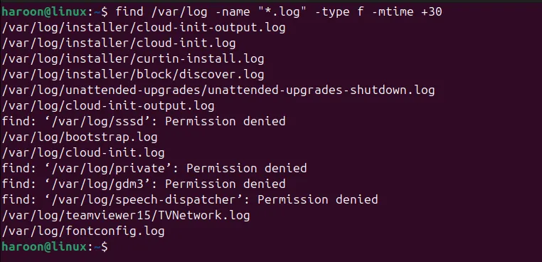 Ảnh minh họa lệnh find trên Linux để tìm kiếm các tệp nhật ký (log files) cũ hơn 30 ngày trong thư mục /var/log.