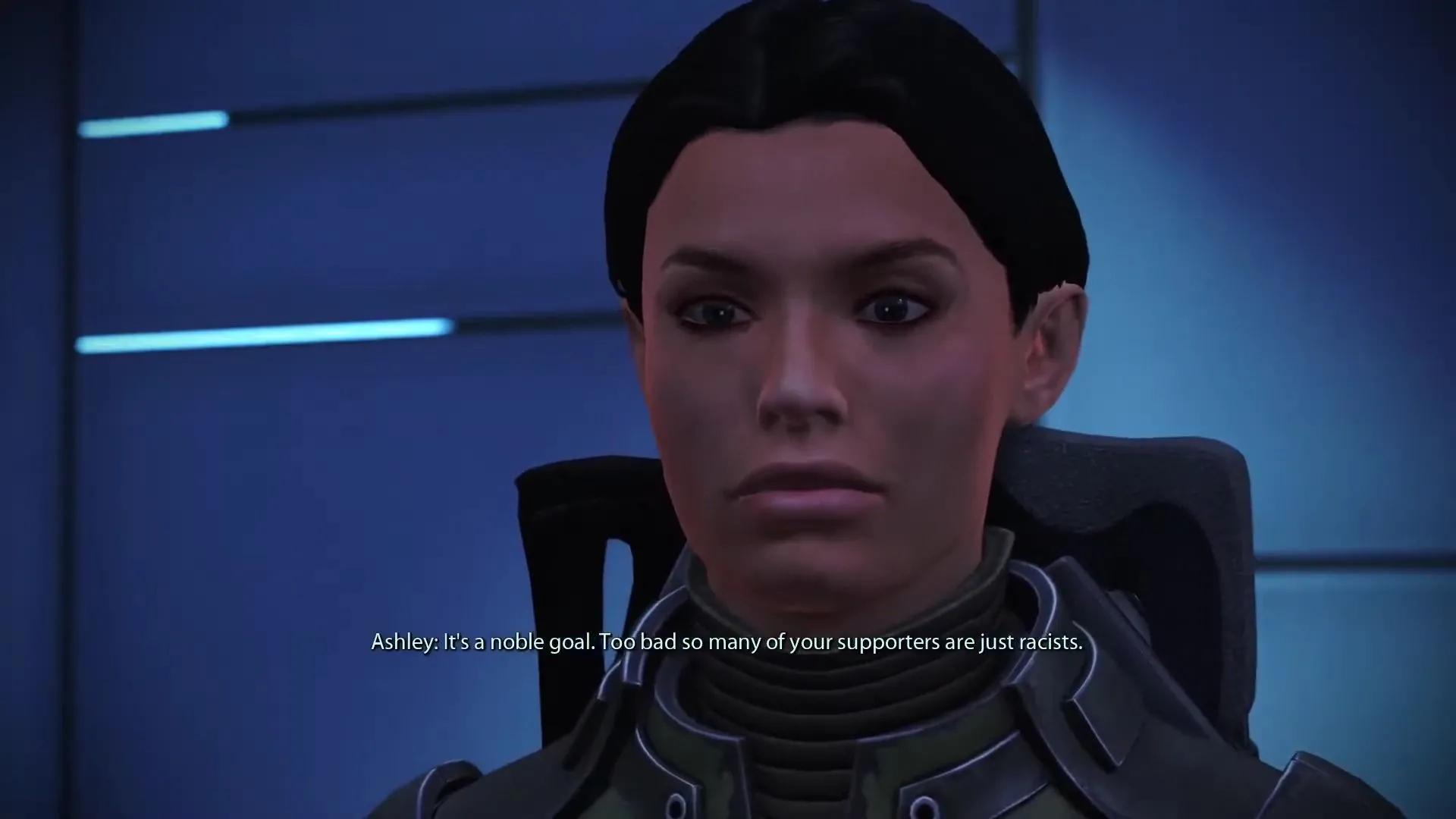 Ashley Williams tranh luận trong Mass Effect, minh họa sự thay đổi tính cách nhân vật thông qua lựa chọn của người chơi.