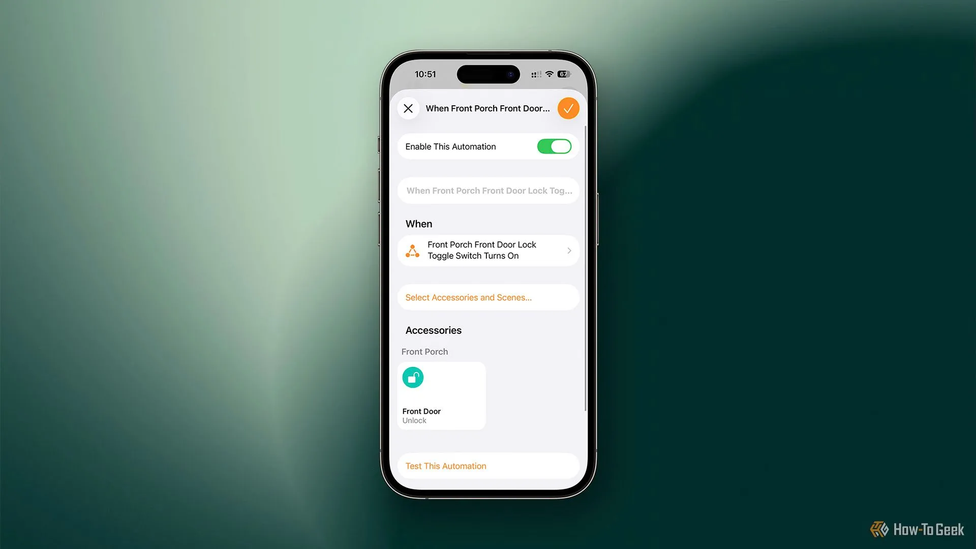 Automation HomeKit thiết lập mở khóa cửa khi công tắc ảo được bật