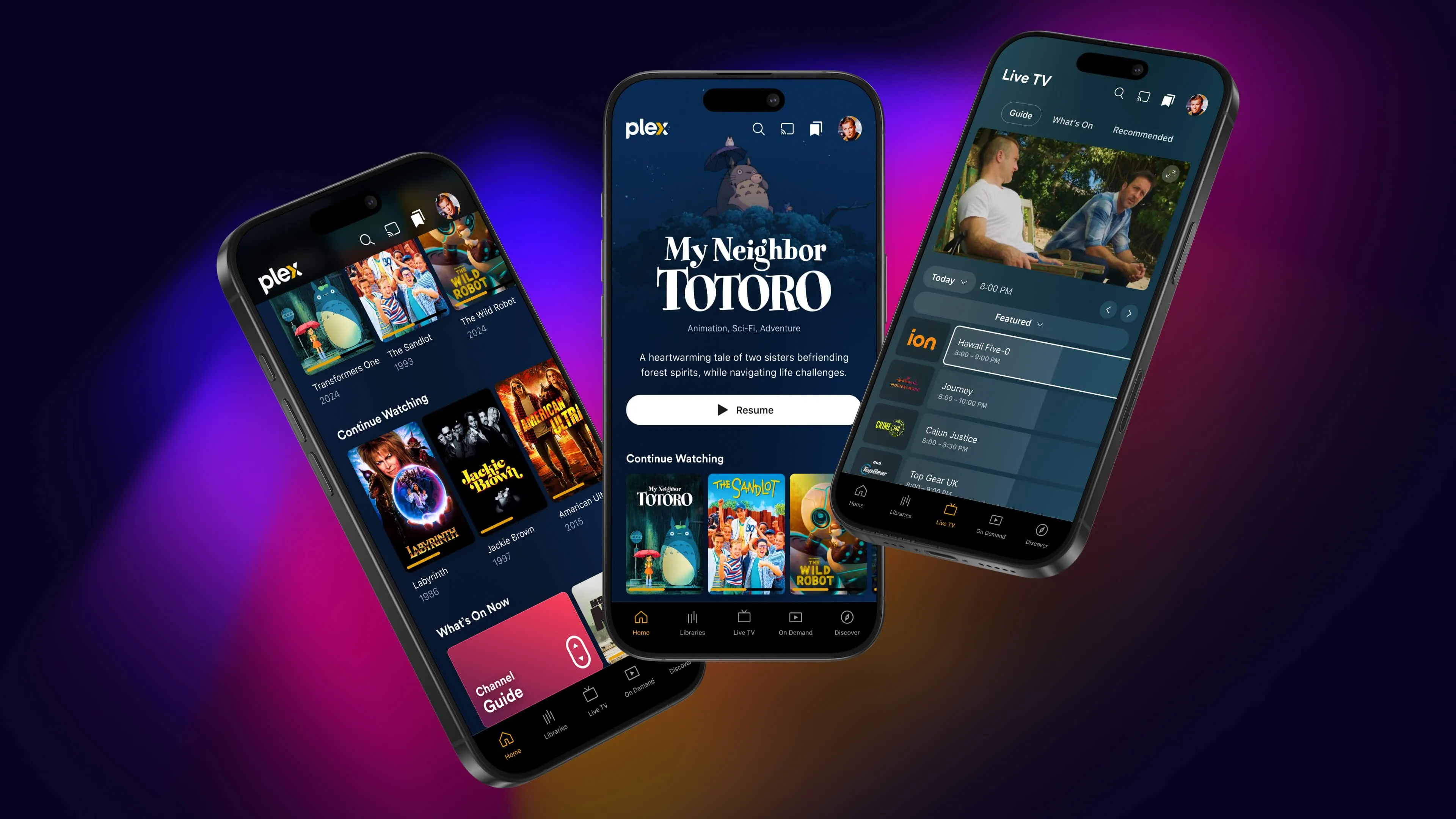 Ba chiếc điện thoại thông minh đang chạy ứng dụng Plex mobile được thiết kế lại, minh họa khả năng truy cập thư viện media Plex từ xa trên nhiều thiết bị.