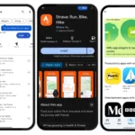 Ba màn hình điện thoại hiển thị tính năng tìm kiếm widget, trang chi tiết ứng dụng Strava với huy hiệu widget và gợi ý ứng dụng có widget trên Google Play Store