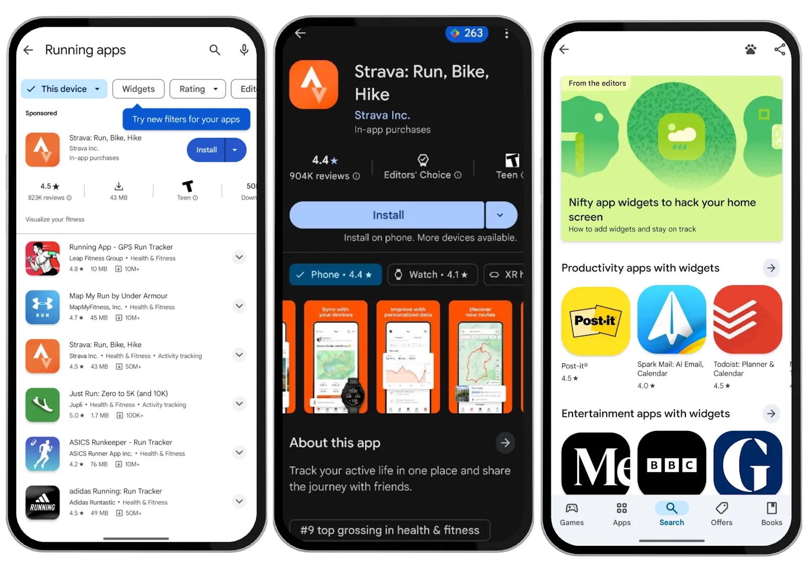 Ba màn hình điện thoại hiển thị tính năng tìm kiếm widget, trang chi tiết ứng dụng Strava với huy hiệu widget và gợi ý ứng dụng có widget trên Google Play Store