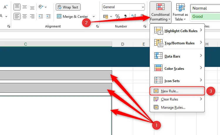 Ba ô được chọn trong Excel và menu thả xuống &quot;Conditional Formatting&quot; hiển thị tùy chọn &quot;New Rule&quot; để tạo quy tắc định dạng mới dựa trên điều kiện.