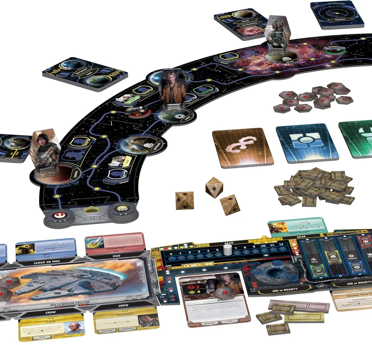Bàn chơi game Star Wars: Outer Rim, hiển thị bản đồ vũ trụ và các nhân vật.