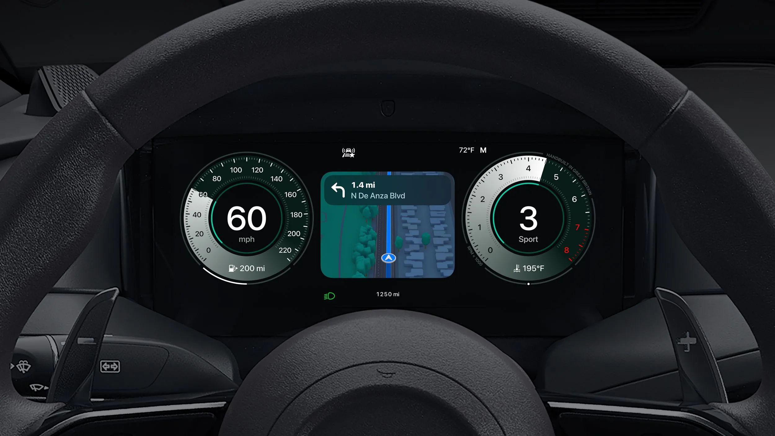 Bản đồ điều hướng của CarPlay Ultra tích hợp trực tiếp trên cụm đồng hồ hiển thị thông tin chi tiết.