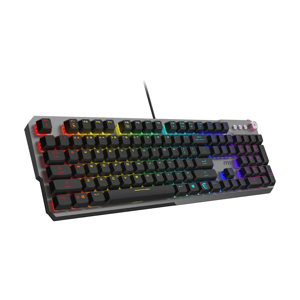 Bàn phím cơ MSI STRIPH 600 góc nghiêng hiển thị đèn RGB rực rỡ và thiết kế keycap nổi