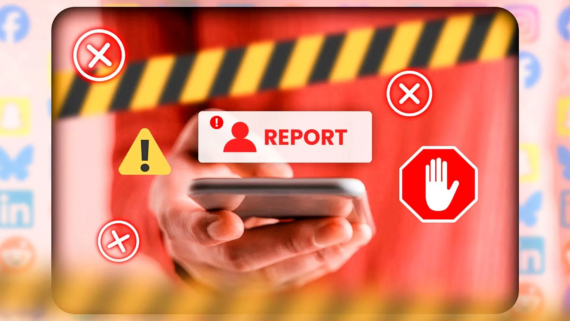 Bàn tay cầm điện thoại thông minh với biểu tượng báo cáo trên màn hình, thể hiện chức năng báo cáo nội dung vi phạm trên TikTok.
