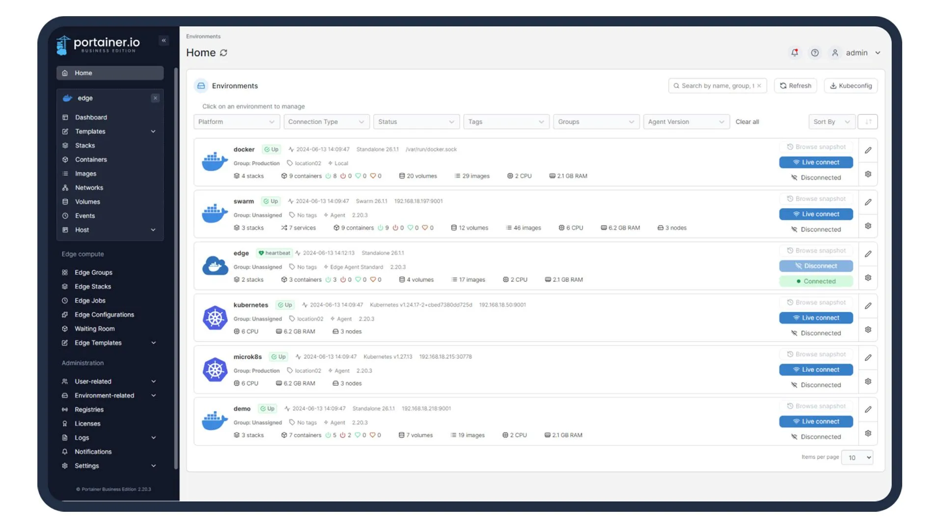 Bảng điều khiển Portainer trên trình duyệt web