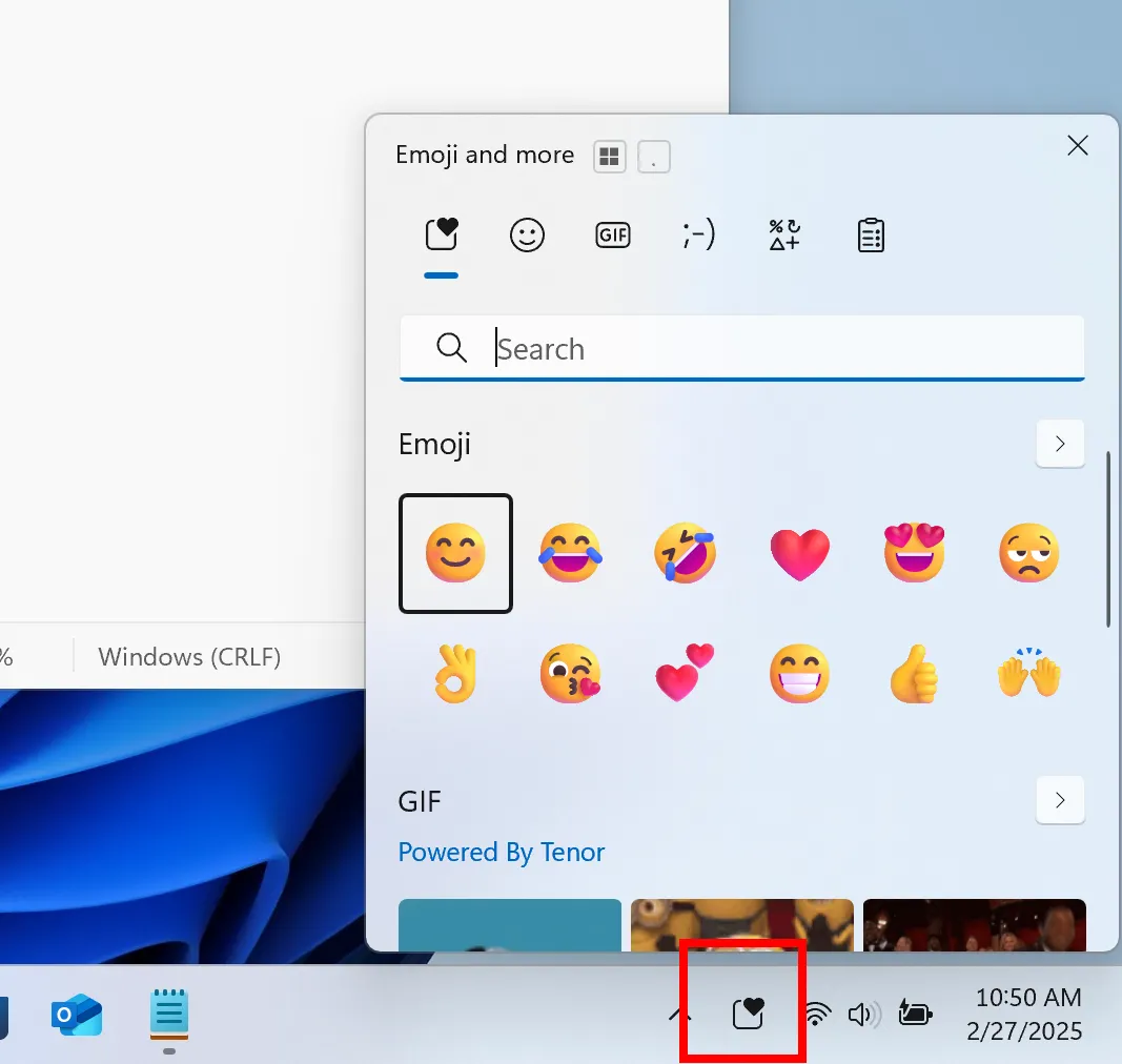 Bảng emoji và hơn thế nữa của Windows 11 trên thanh tác vụ, hiển thị biểu tượng mới tiện lợi