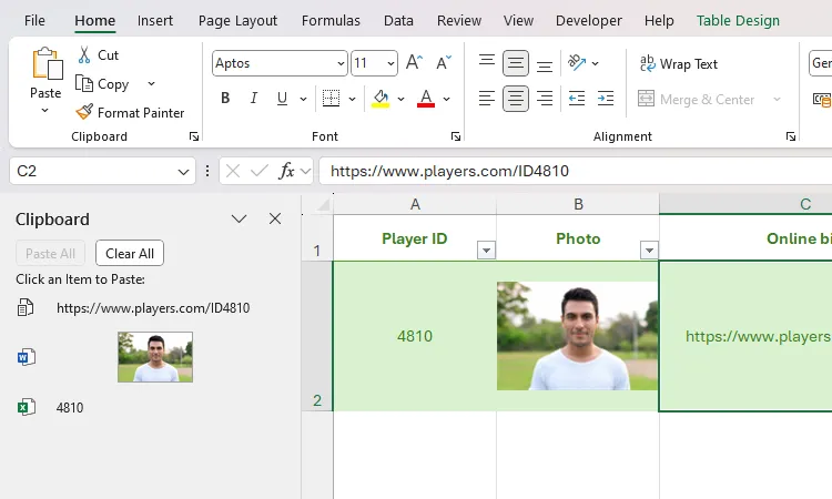 Bảng tính Excel hiển thị các mục trong bảng &quot;Clipboard&quot; và các mục đó được dán vào các ô trong bảng tính.