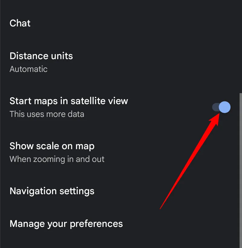Bật công tắc &quot;Bắt đầu Maps ở chế độ vệ tinh&quot; trong cài đặt Google Maps Android