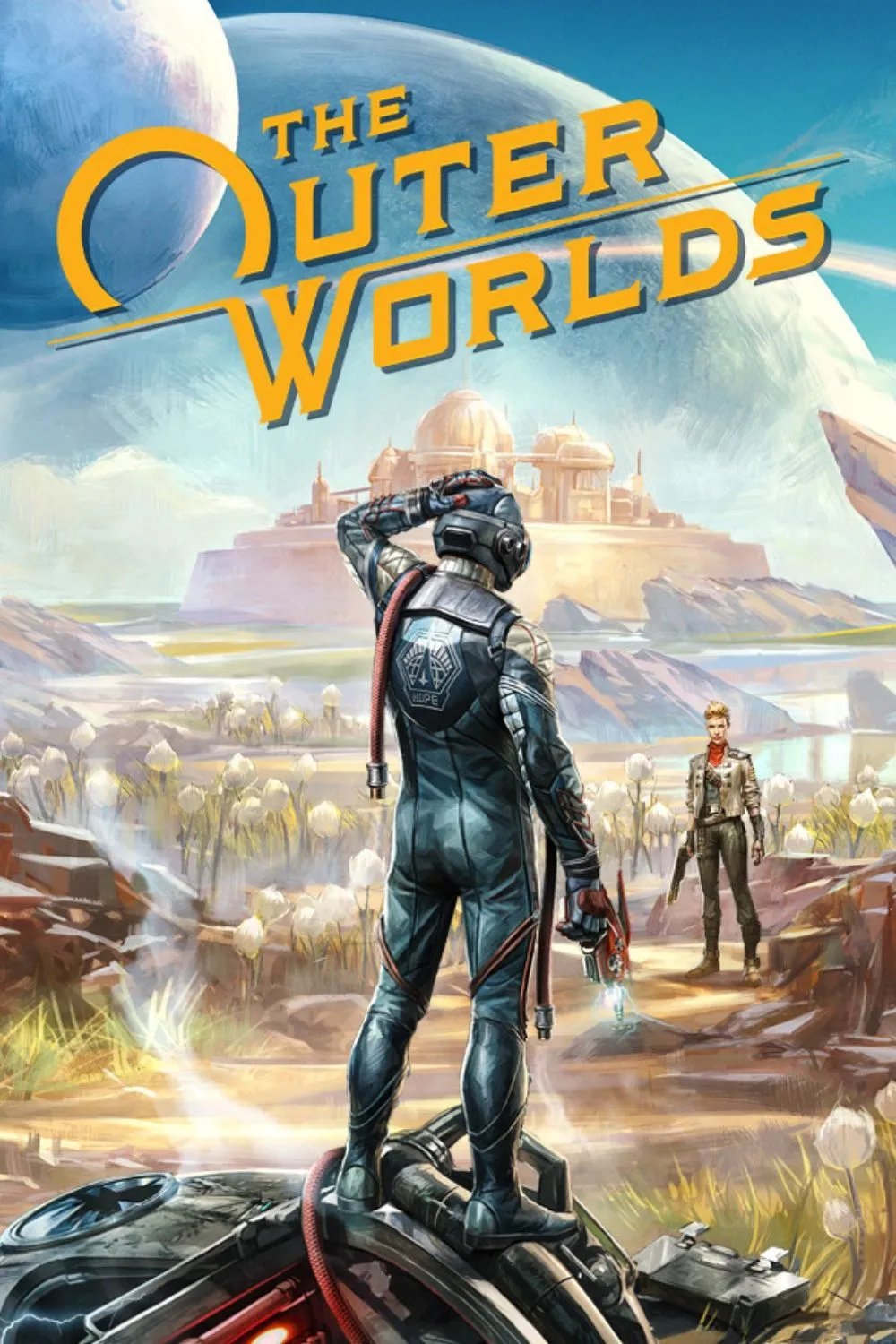 Bìa game The Outer Worlds với nhân vật chính trong bối cảnh không gian khoa học viễn tưởng.