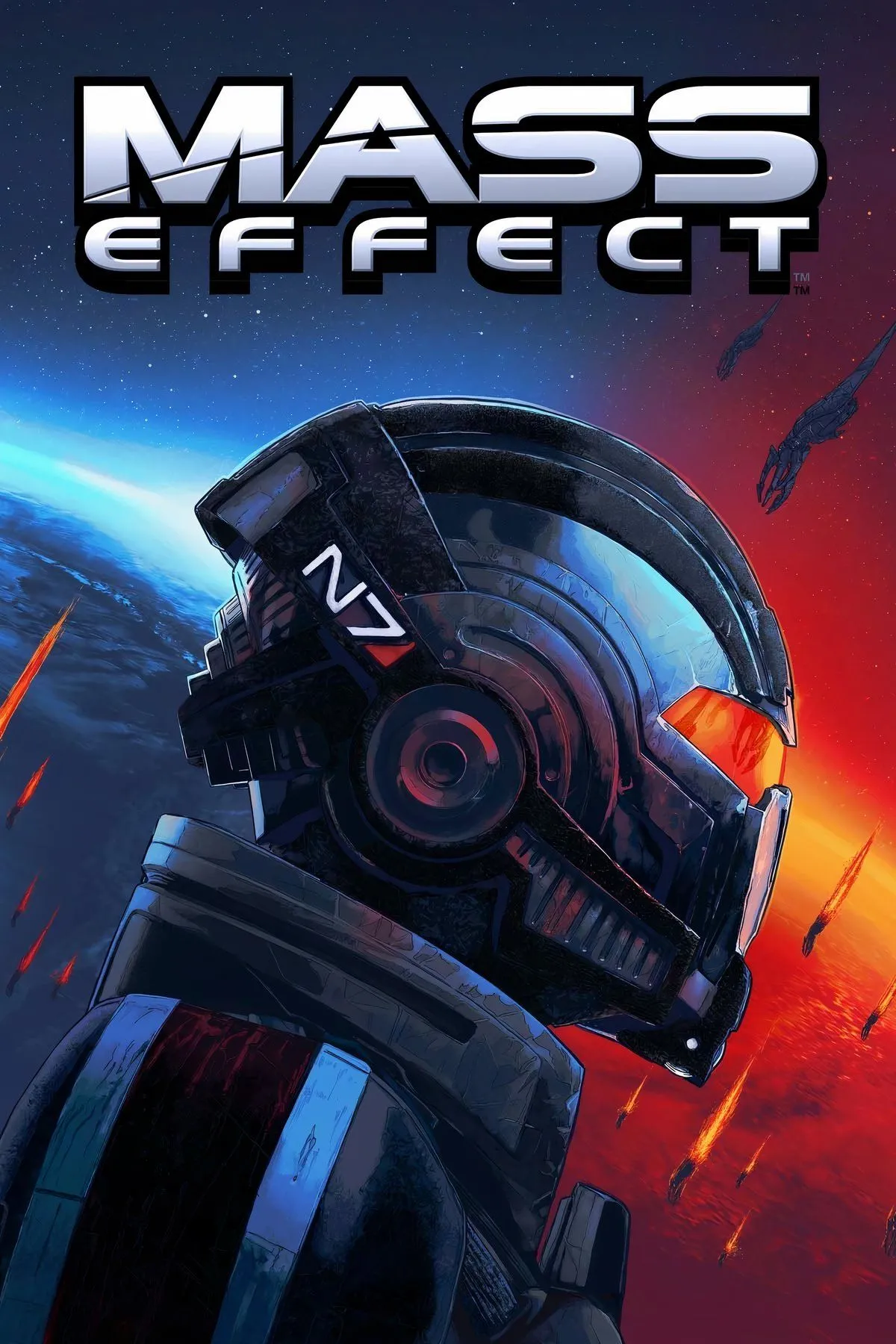 Bìa nghệ thuật của series game Mass Effect Trilogy, thể hiện Commander Shepard và các đồng đội sẵn sàng chiến đấu trong vũ trụ bao la.