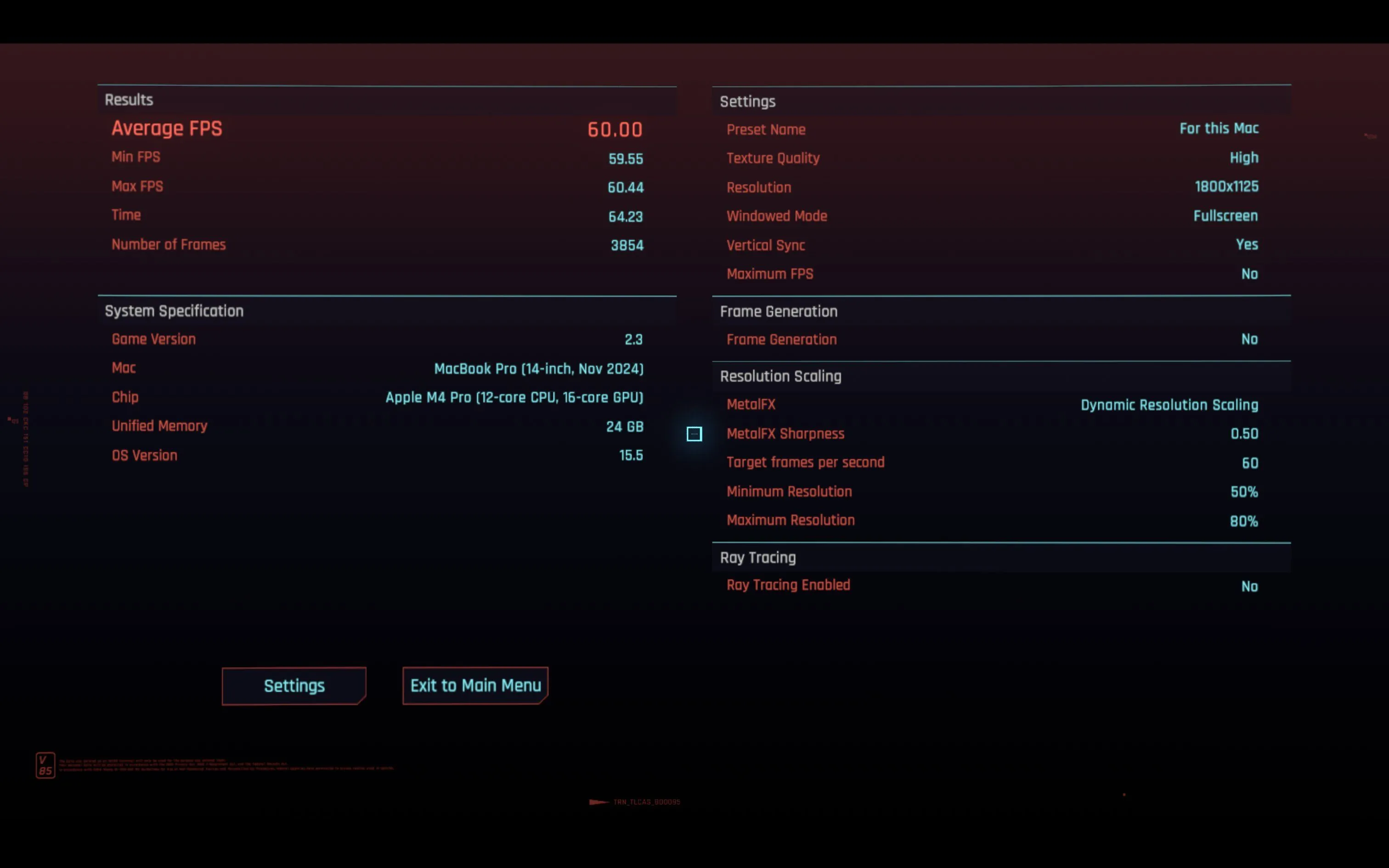 Biểu đồ hiệu năng benchmark của Cyberpunk 2077 trên Mac, với cài đặt &quot;For this Mac&quot; cho thấy mức FPS ổn định.