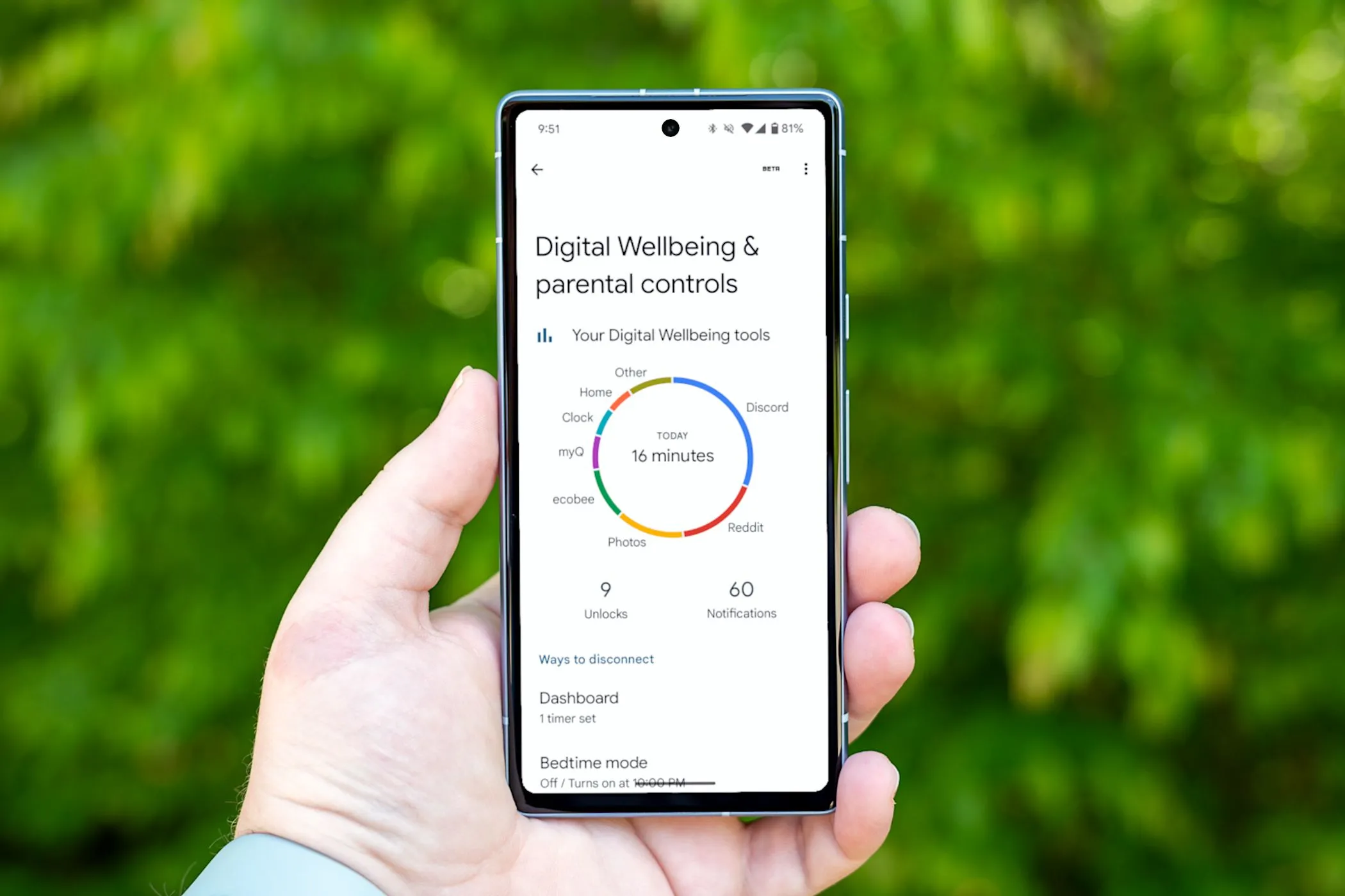 Biểu đồ thống kê thời gian sử dụng màn hình trên điện thoại Android, cho thấy lượng thời gian đáng kể dành cho mạng xã hội.