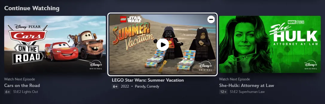 Biểu tượng dấu trừ nổi bật trên hàng &quot;Tiếp tục xem&quot; của Disney+, chỉ ra tùy chọn để xóa nội dung đã xem.