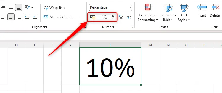 Biểu tượng định dạng tiền tệ, phần trăm và dấu phân cách hàng nghìn trong nhóm Number của Excel