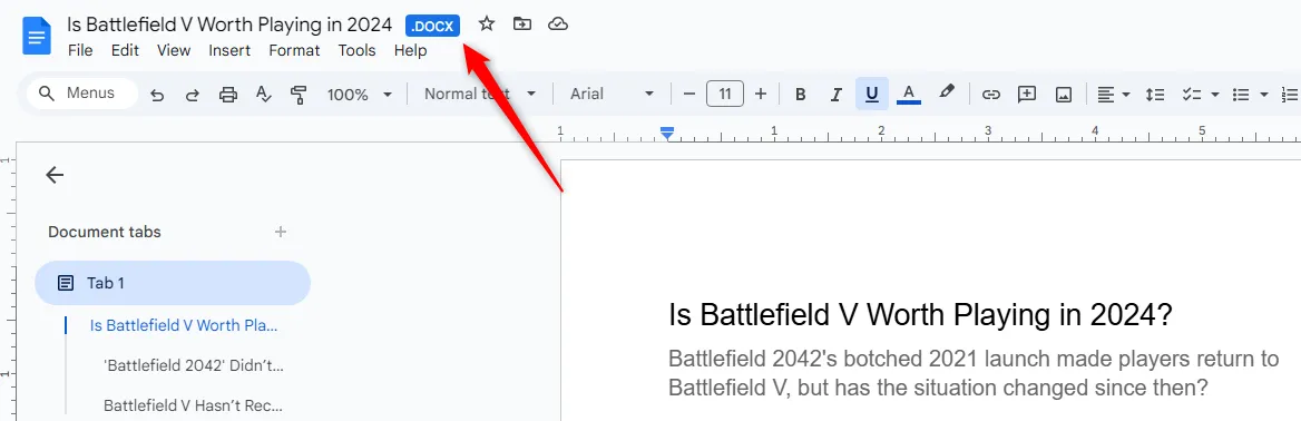 Biểu tượng DOCX bên cạnh tiêu đề tài liệu đã chuyển đổi trong Google Docs