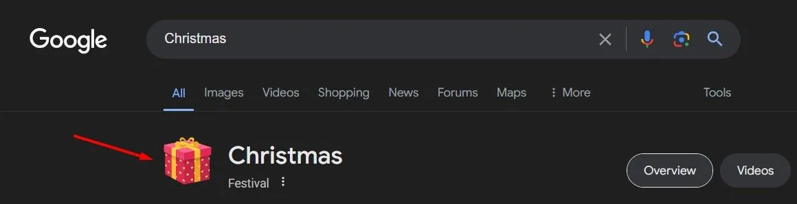 Biểu tượng hộp quà nhảy múa xuất hiện trên kết quả tìm kiếm 'Christmas' của Google.