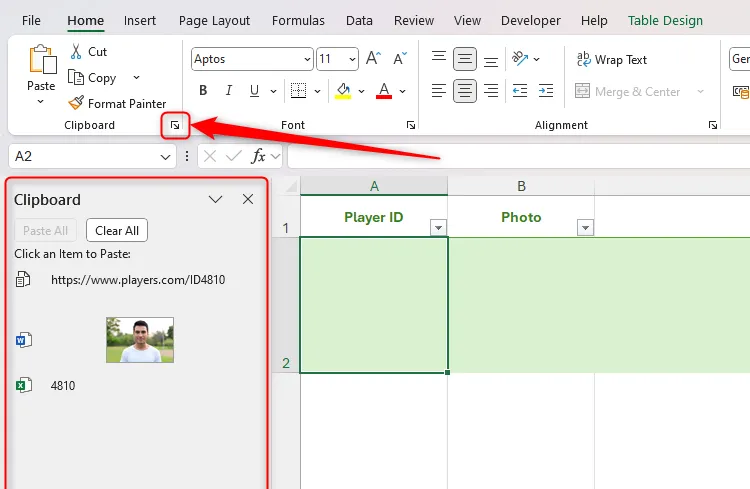 Biểu tượng khởi chạy bảng &quot;Clipboard&quot; trên tab &quot;Home&quot; của Excel được chọn, hiển thị bảng &quot;Clipboard&quot; ở bên trái cửa sổ.