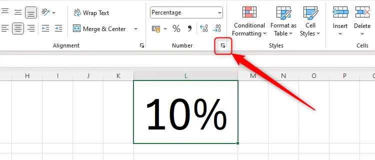 Biểu tượng mở hộp thoại Format Cells trong nhóm Number trên thanh Home của Excel