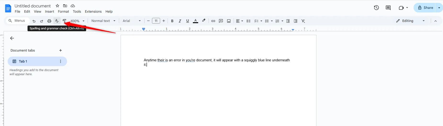 Biểu tượng phím tắt kiểm tra chính tả và ngữ pháp trên thanh công cụ Google Docs