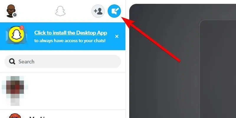 Biểu tượng tạo cuộc trò chuyện mới trên Snapchat Web, nằm ở góc trên bên phải thanh điều hướng.