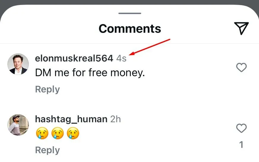 Bình luận đáng ngờ từ tài khoản Instagram giả mạo, thường chứa nội dung spam.