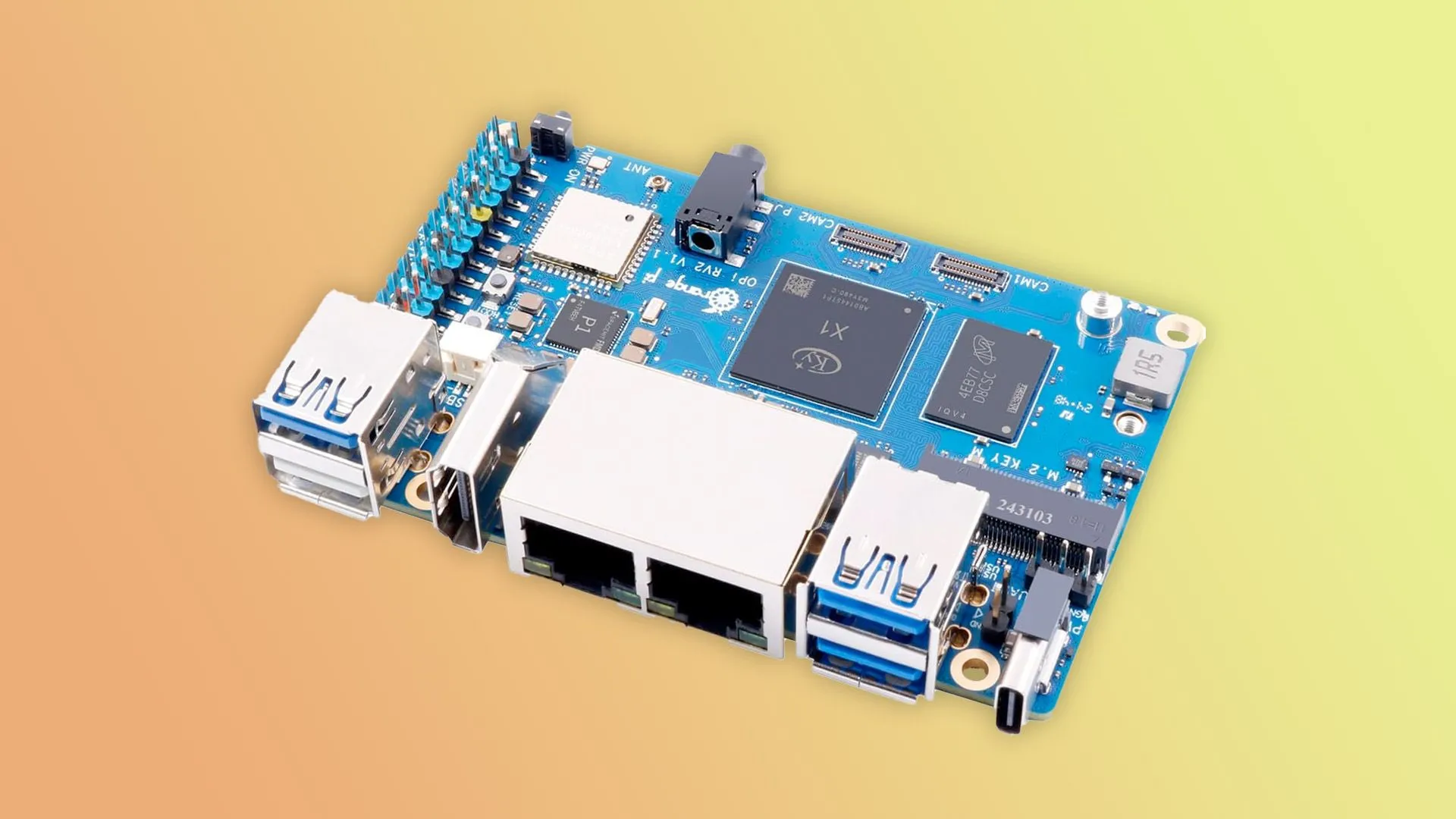 Bo mạch máy tính đơn OrangePi RV2 với các linh kiện và cổng kết nối
