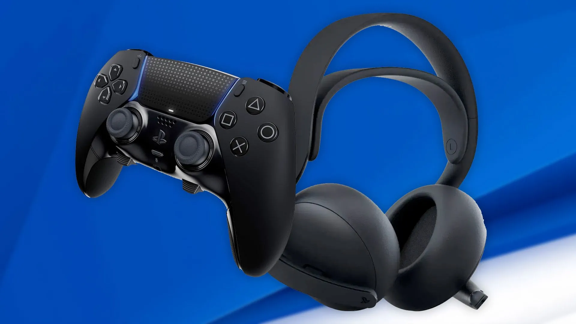 Bộ phụ kiện PlayStation 5 màu đen: tay cầm DualSense, tai nghe Pulse 3D và vỏ máy console được trưng bày