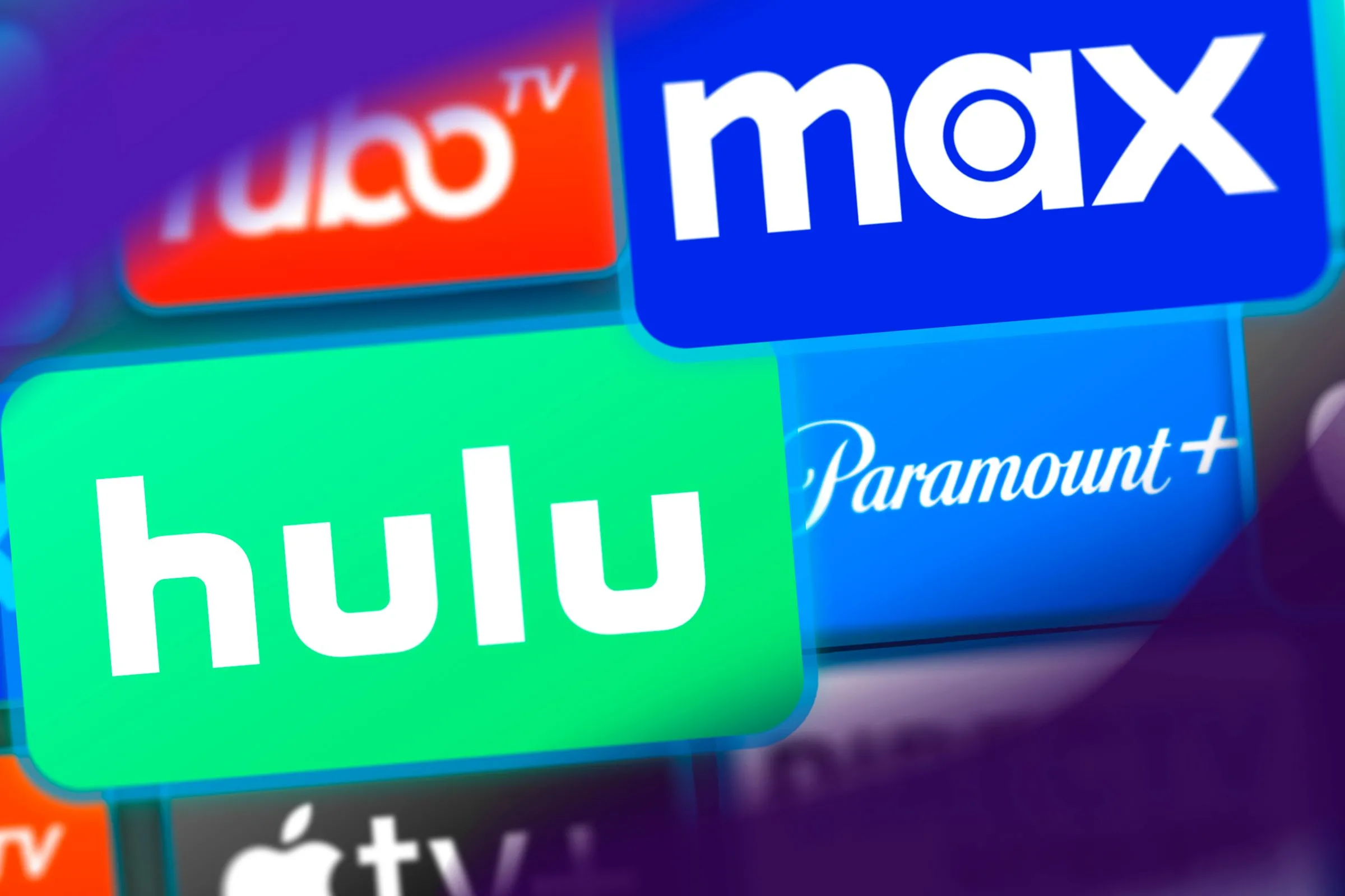 Bộ sưu tập các logo dịch vụ đăng ký trực tuyến phổ biến như Netflix, Disney+, Hulu, HBO Max, YouTube TV.