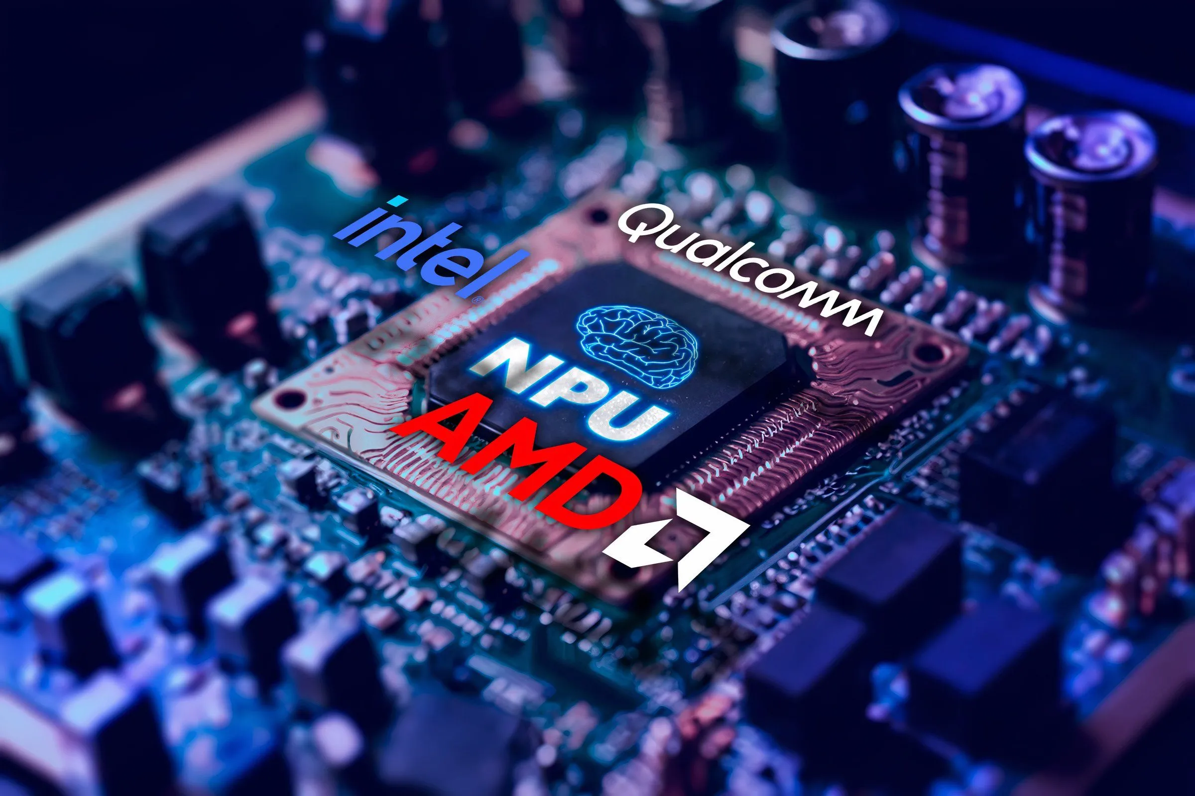 Bộ xử lý tích hợp NPU với logo của Intel, AMD và Qualcomm, đại diện cho kỷ nguyên máy tính AI.