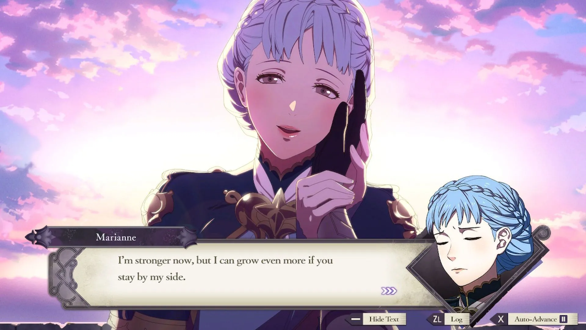 Byleth và Marianne trong cảnh lãng mạn ở Fire Emblem: Three Houses, thể hiện niềm vui và sự trưởng thành của nhân vật.