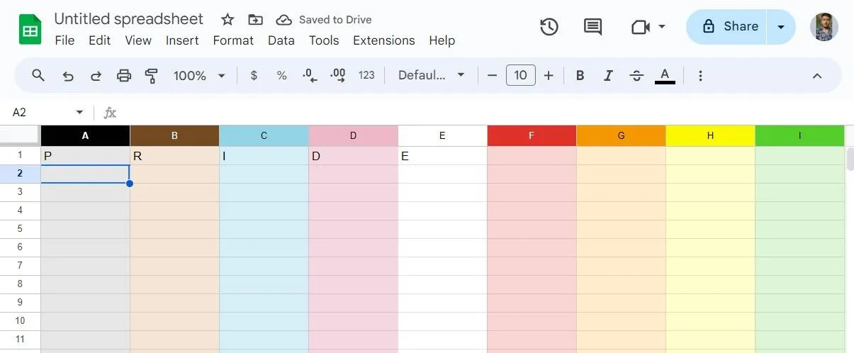 Các cột trong Google Sheets chuyển sang màu cầu vồng khi gõ 'PRIDE'.