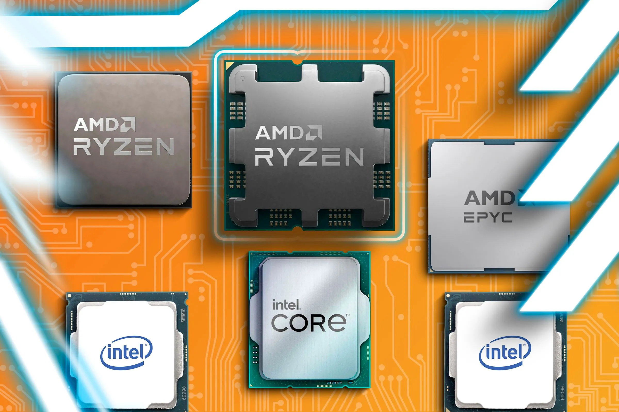 Các CPU Intel và AMD trên bề mặt với mạch điện