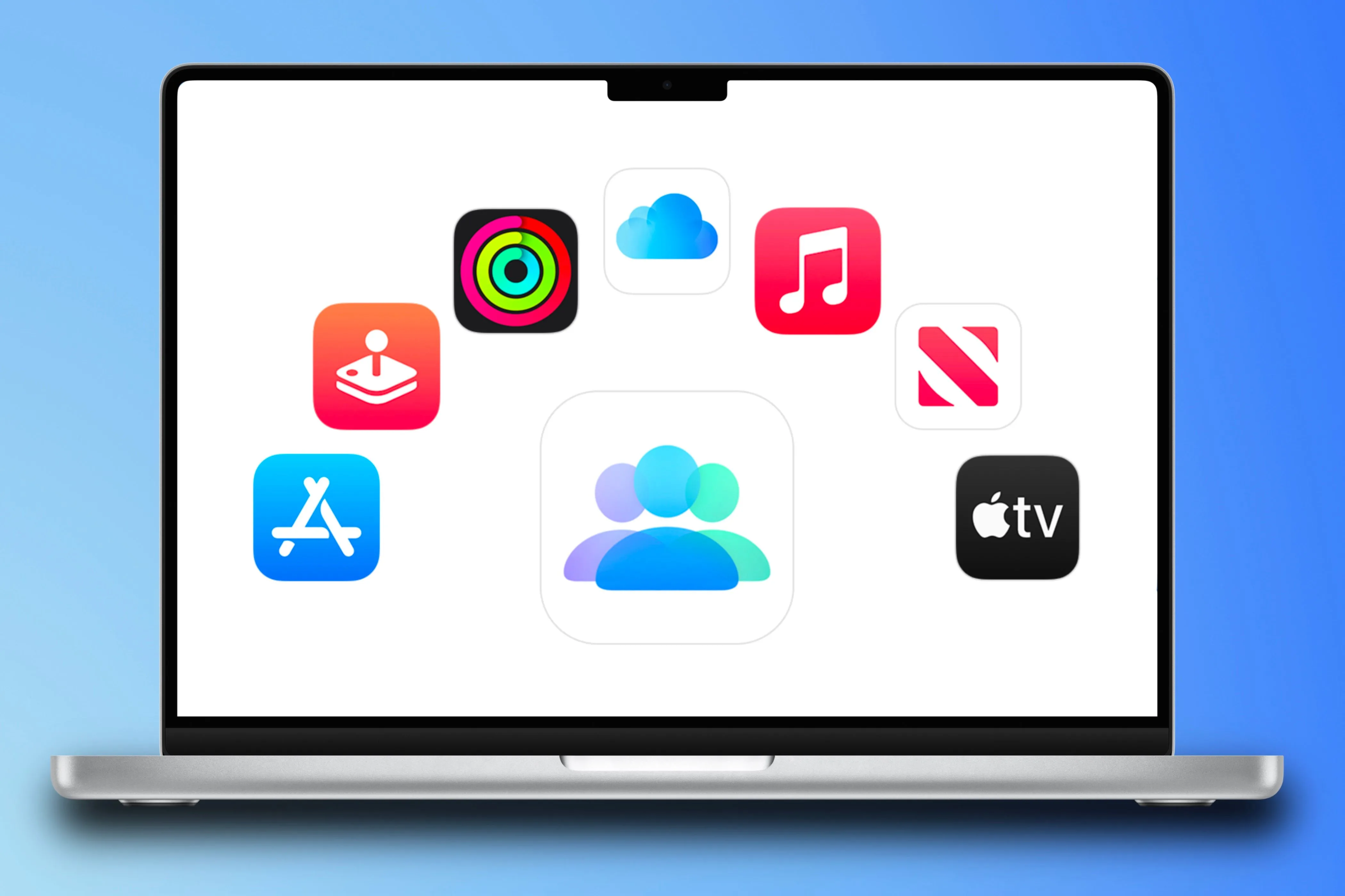 Các dịch vụ trong gói Apple One Family Sharing được hiển thị trên MacBook Pro.