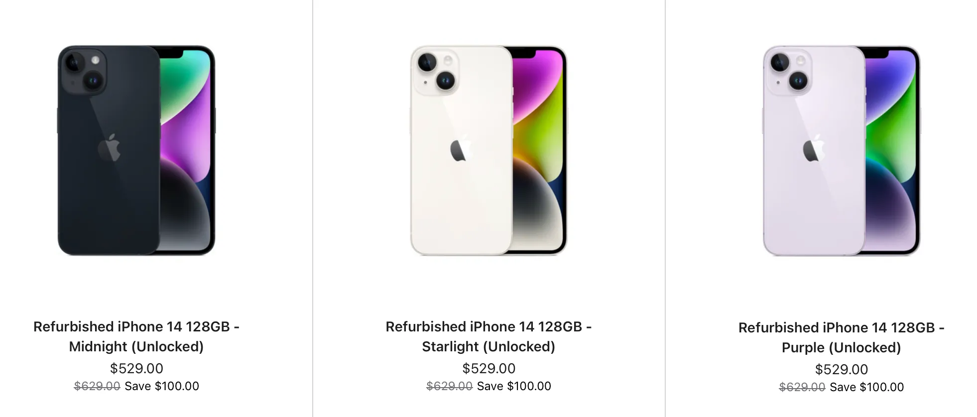 Các mẫu iPhone 14 tân trang được liệt kê trên trang web Apple Refurbished, minh họa lựa chọn mua sắm này.