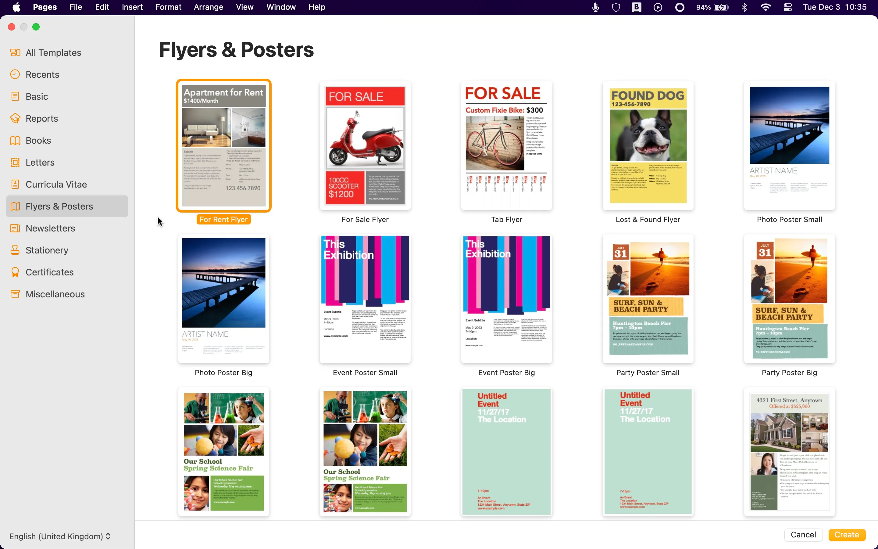 Các mẫu poster đa dạng và đẹp mắt trong Apple Pages, minh họa sự phong phú của thư viện template.