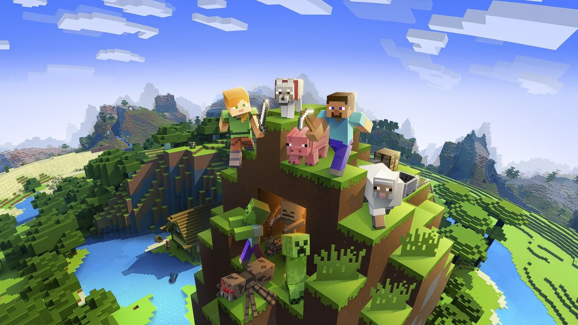 Các nhân vật và sinh vật từ Minecraft trên đỉnh núi, gợi ý bộ bài Magic The Gathering.